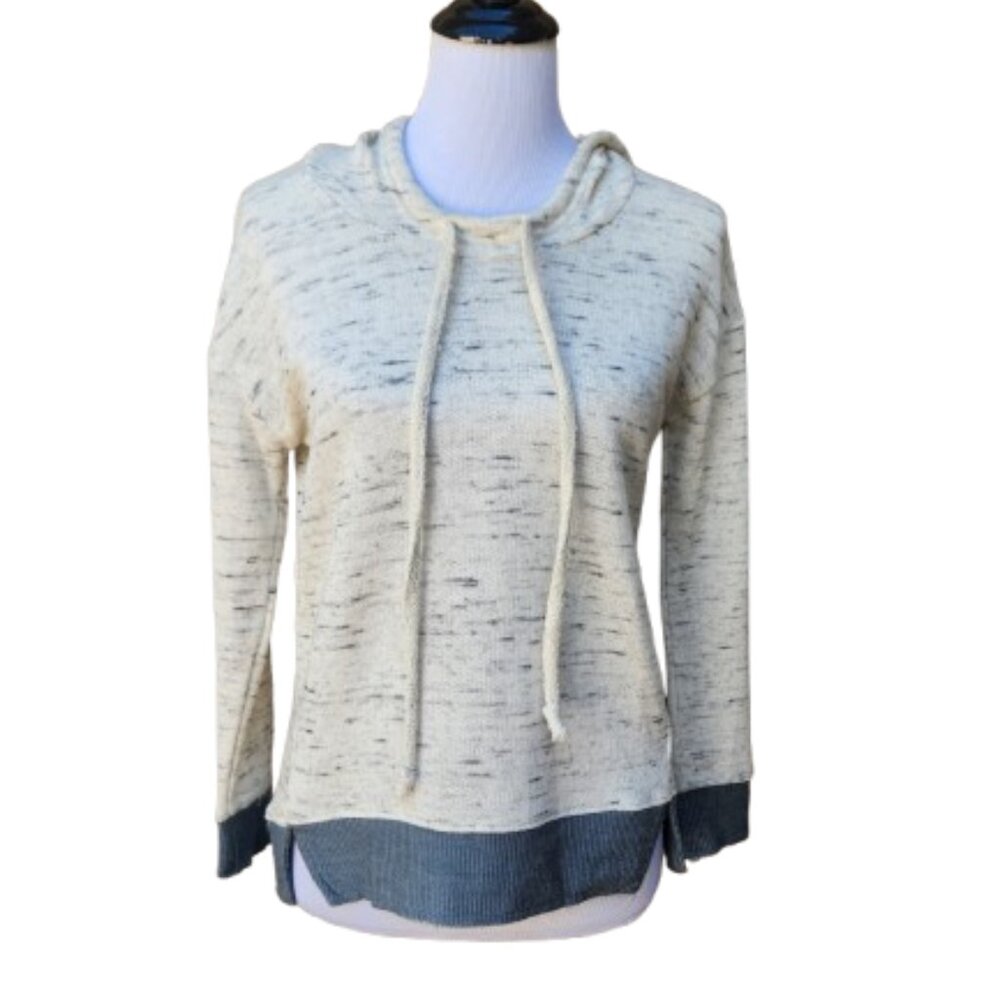 Melloday Ivory Spacedye Hoodie Sweatshirt Gray Trim Side Slits Cotton Blend